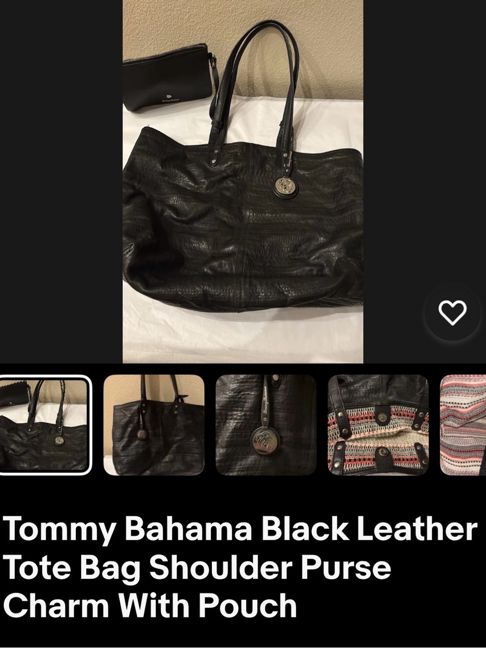 Tommy Bahama Black Leather Tote Bag Shoulder Purse Charm With Pouch